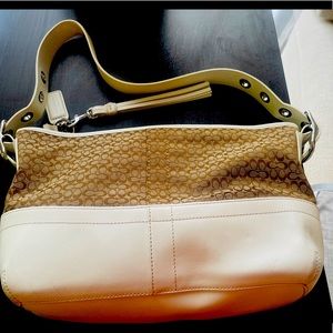 Coach white leather with monogram shoulder bag.